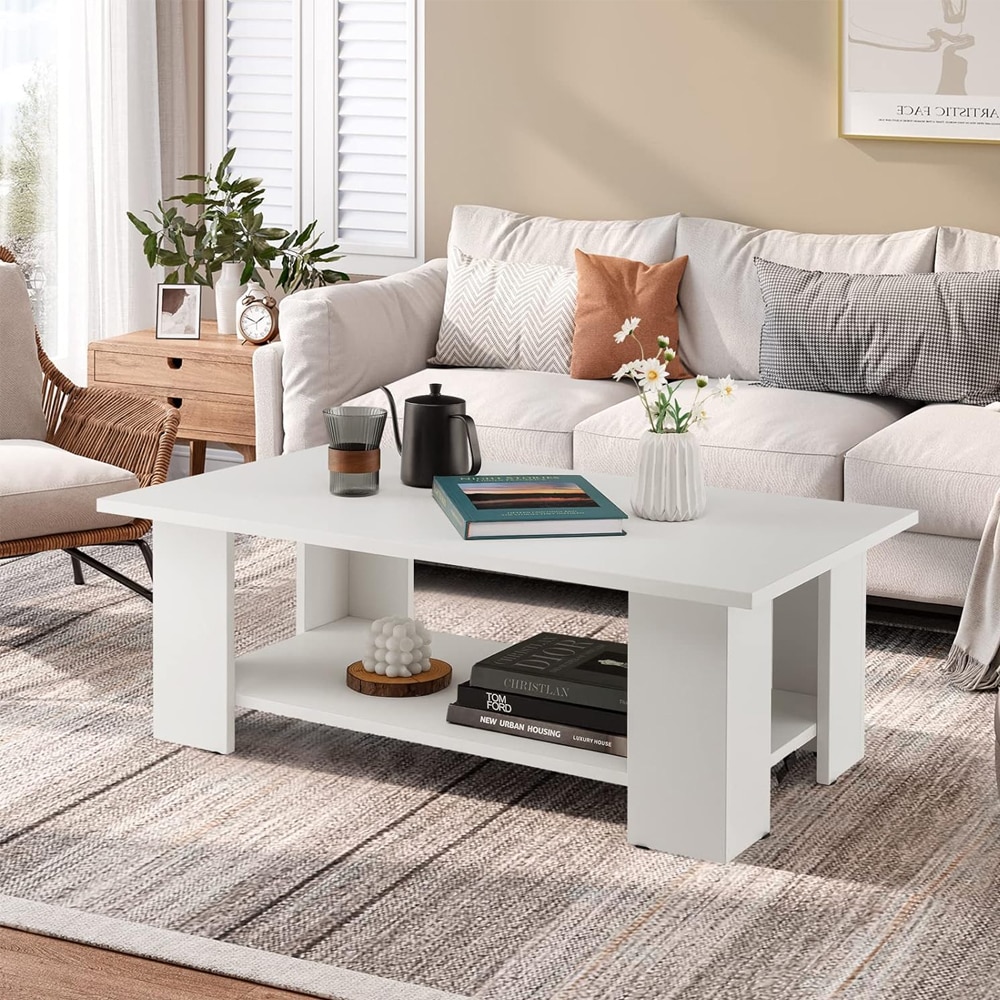 Large 41 Inch 2-tier Wooden Modern Coffee Table With Storage Shelf_voghion.com